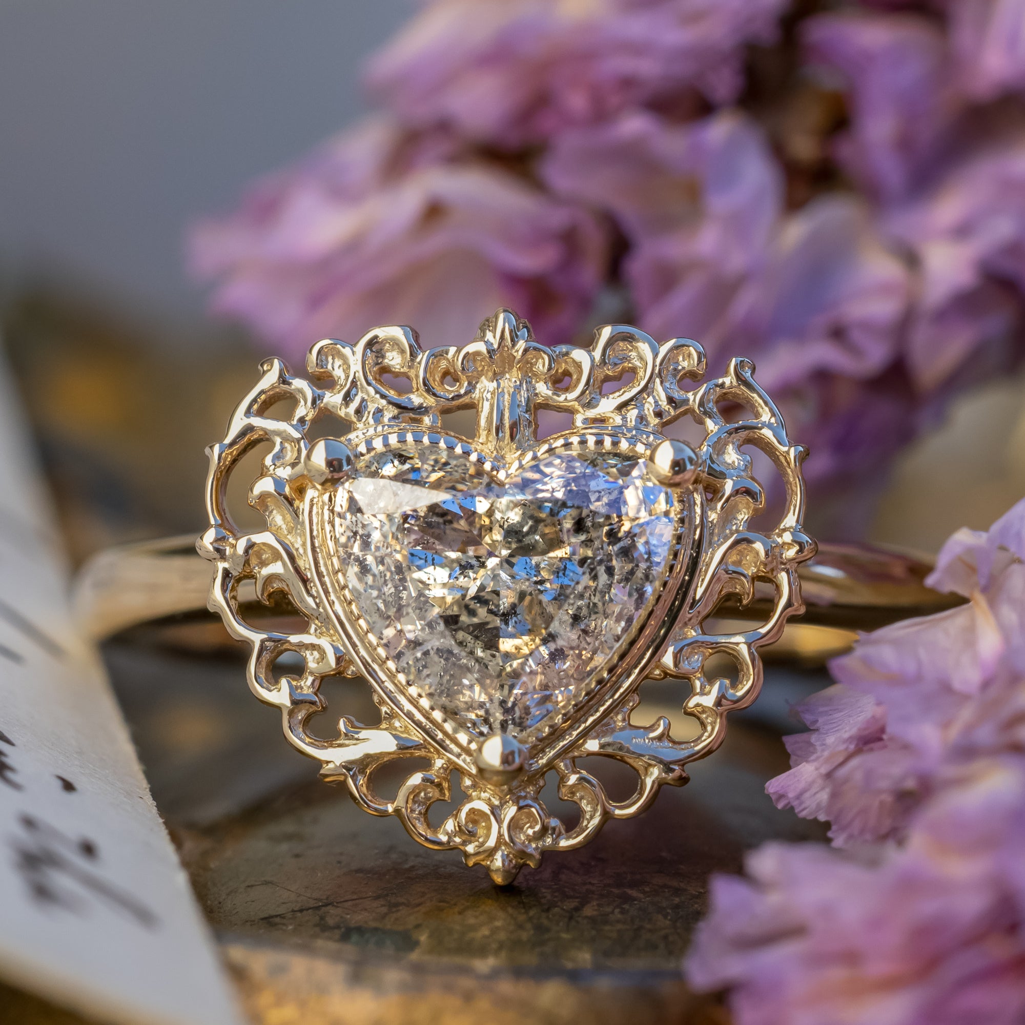 ONE-OF-A-KIND - "ADELAIDE" - SOLITAIRE HEART CUT SALT & PEPPER DIAMOND ENGAGEMENT RING WITH VINTAGE-STYLE FILIGREE-Staghead Designs