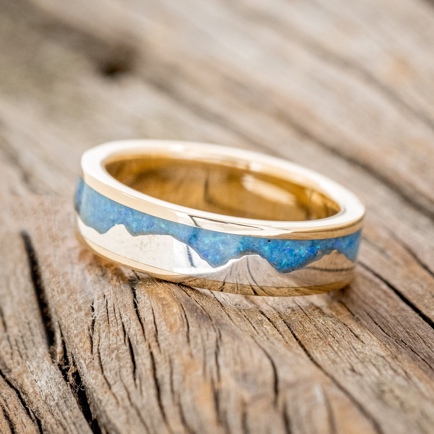 "HELIOS" - BLUE OPAL & 14K GOLD MOUNTAIN RANGE WEDDING BAND-1