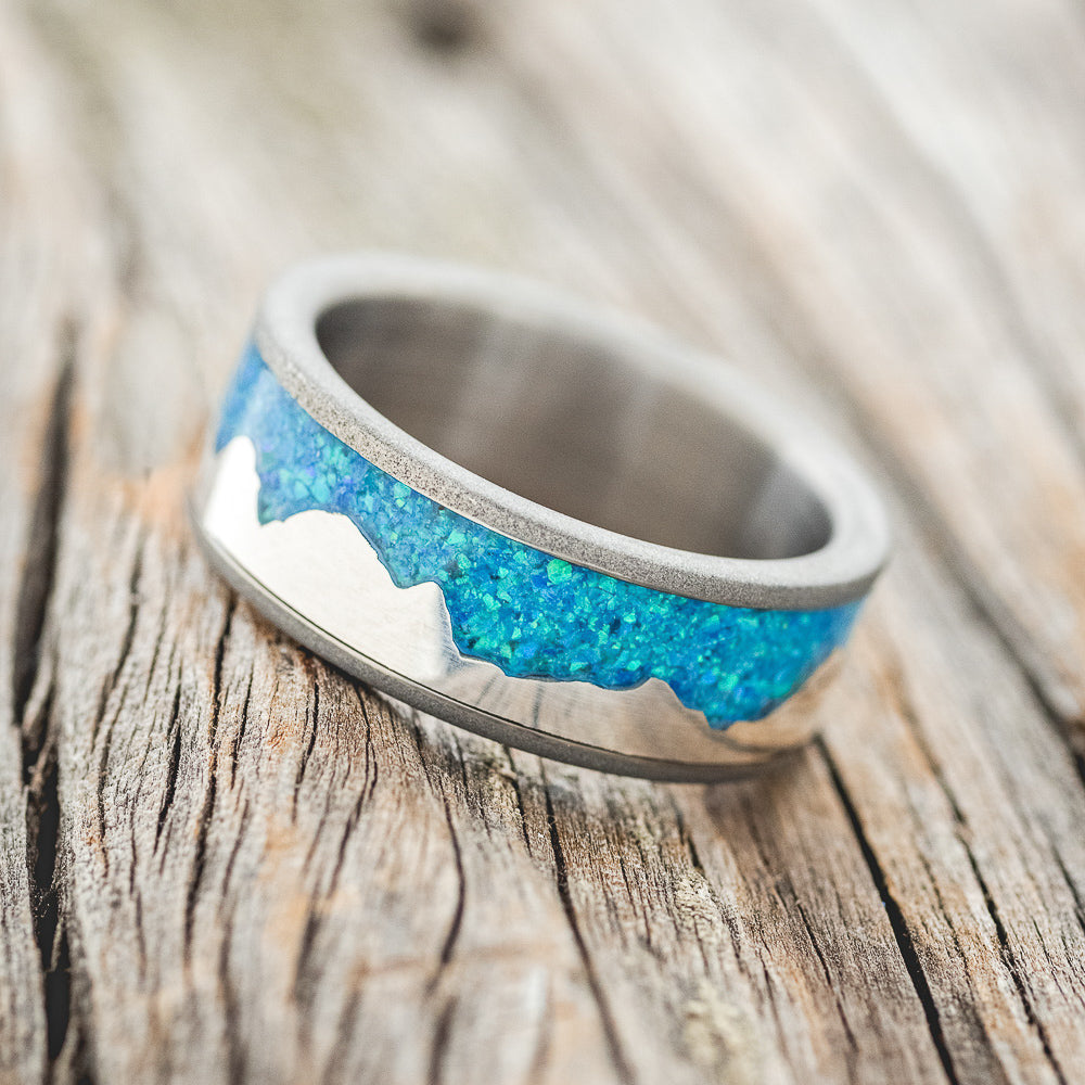 "HELIOS" - BLUE OPAL & SILVER MOUNTAIN RANGE WEDDING BAND WITH SANDBLASTED FINISH-1