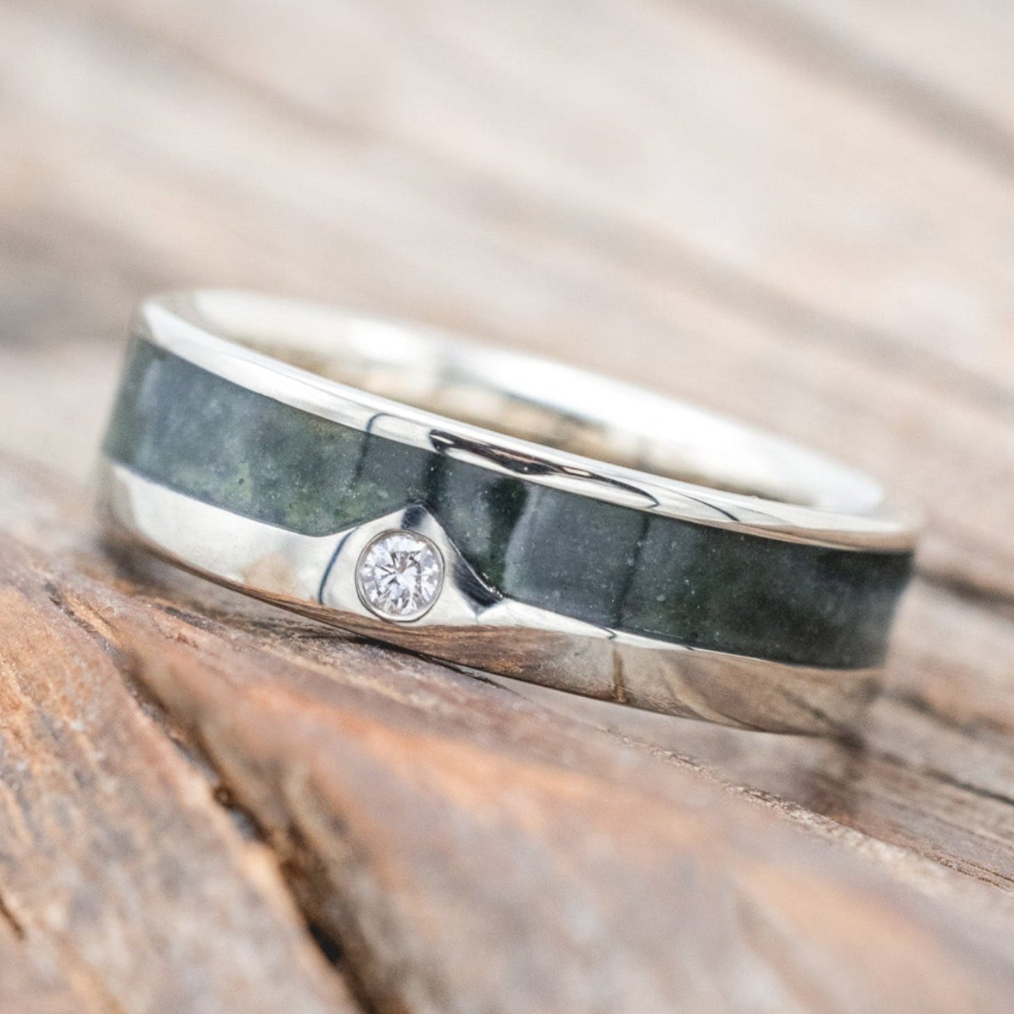 "HELIOS" - CRUSHED MOSS AGATE SINGLE PEAK MOUNTAIN RANGE WEDDING RING FEATURING A DIAMOND ACCENT-Staghead Designs