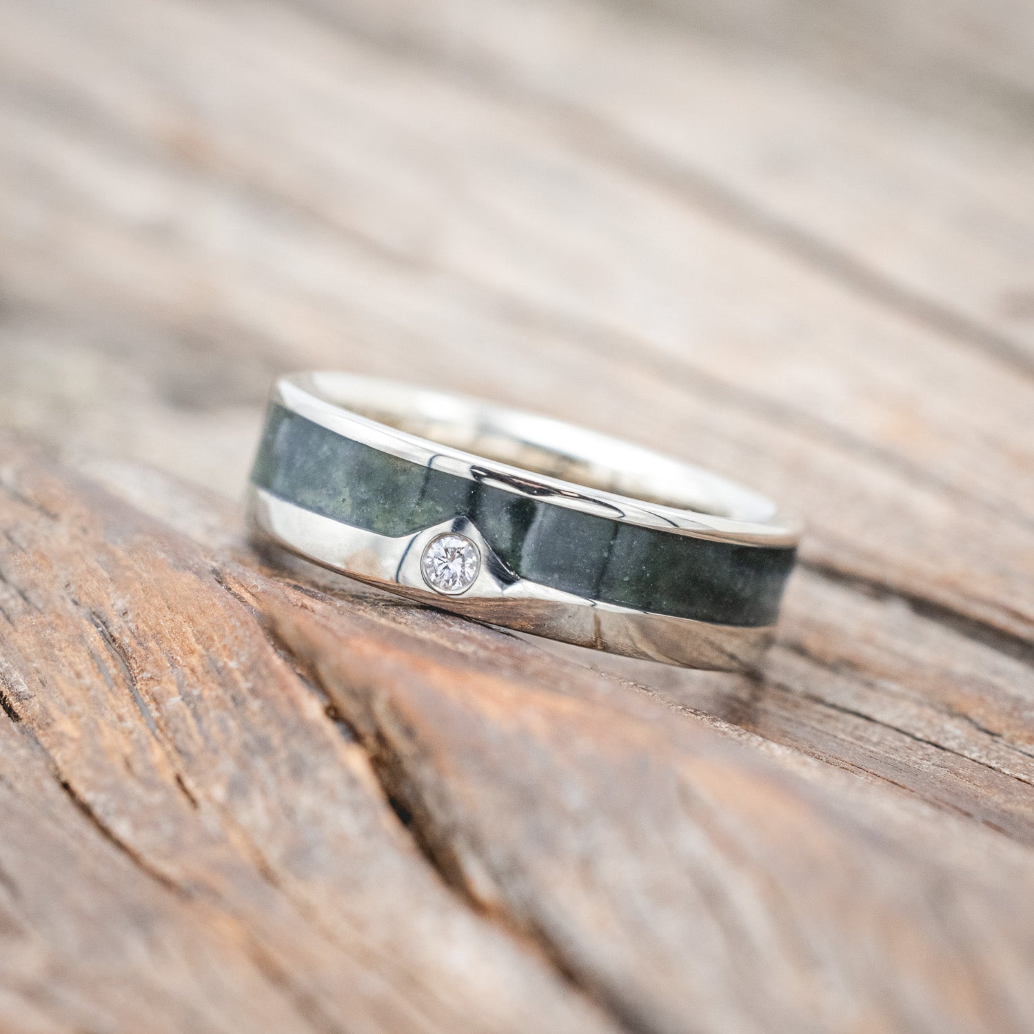 "HELIOS" - CRUSHED MOSS AGATE SINGLE PEAK MOUNTAIN RANGE WEDDING RING FEATURING A DIAMOND ACCENT-Staghead Designs