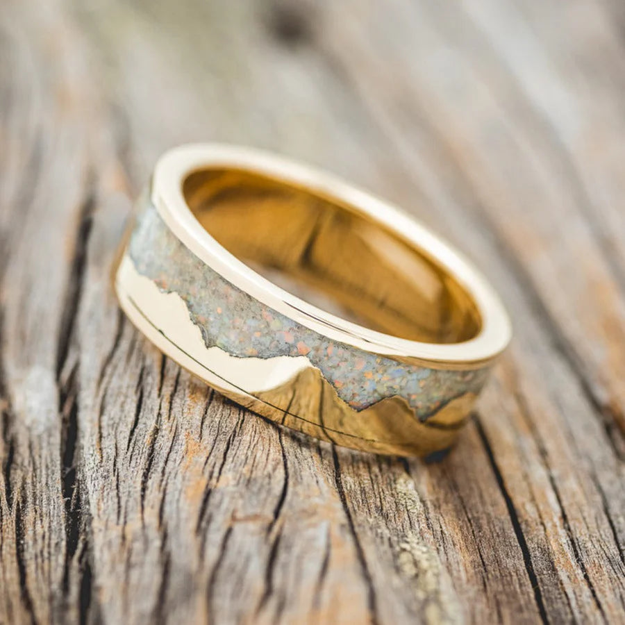 "HELIOS" - CRUSHED FIRE & ICE OPAL WEDDING BAND - 14K YELLOW GOLD - SIZE 7 3/4-Staghead Designs