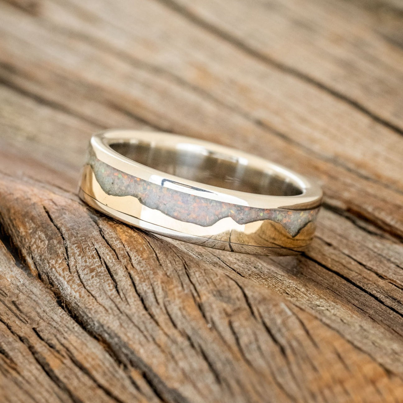 "HELIOS" - FIRE AND ICE OPAL & GOLD MOUNTAIN RANGE WEDDING RING FEATURING A 14K GOLD BAND-1
