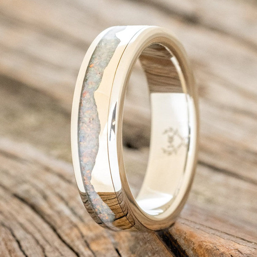 "Helios" - Fire And Ice Opal & 14K Gold Mountain Range Wedding Ring-Staghead Designs