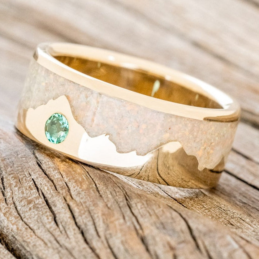 "HELIOS" - FIRE AND ICE OPAL & GOLD MOUNTAIN RANGE WEDDING RING FEATURING A LAB GROWN EMERALD ACCENT-1