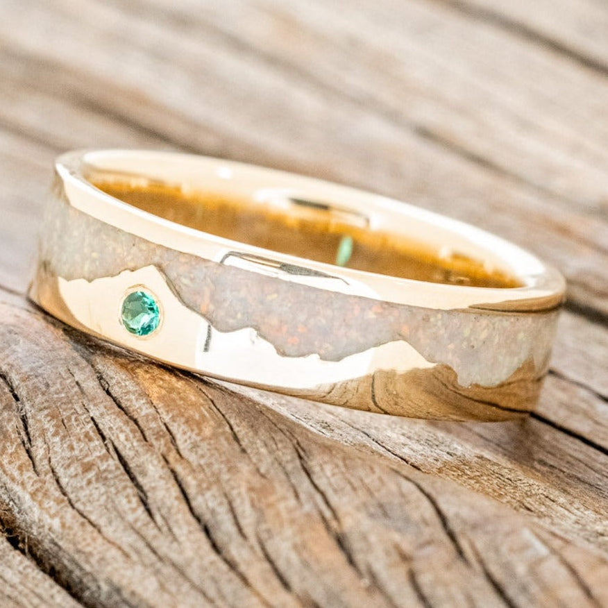 "HELIOS" - FIRE AND ICE OPAL WEDDING RING FEATURING A ROUND CUT GEMSTONE ACCENT AND A MOUNTAIN RANGE-Staghead Designs