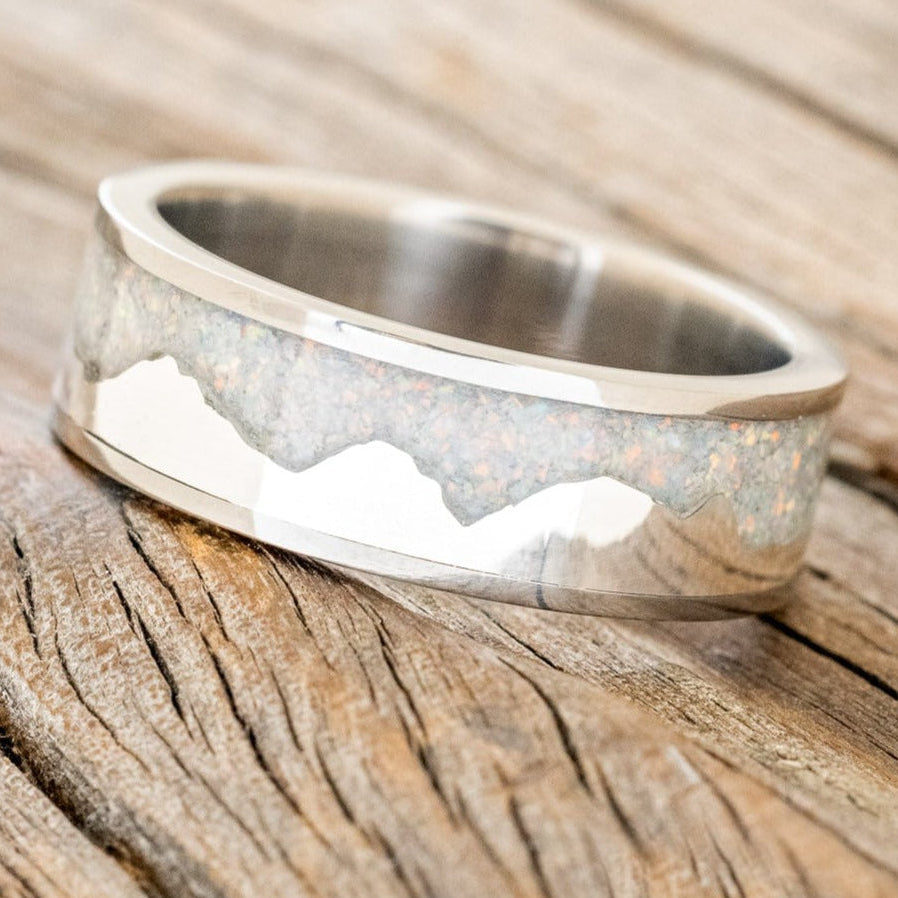 "HELIOS" - FIRE & ICE OPAL WITH SILVER MOUNTAIN RANGE WEDDING RING-1
