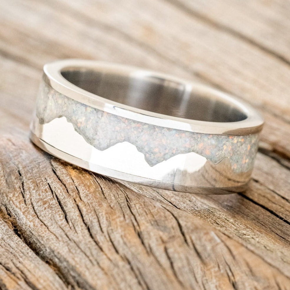 "HELIOS" - FIRE & ICE OPAL WITH SILVER MOUNTAIN RANGE WEDDING RING-1