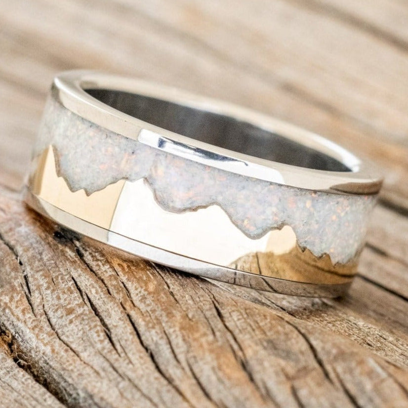 "HELIOS" - GOLD ANDES MOUNTAIN RANGE WITH FIRE AND ICE OPAL INLAY WEDDING BAND-1