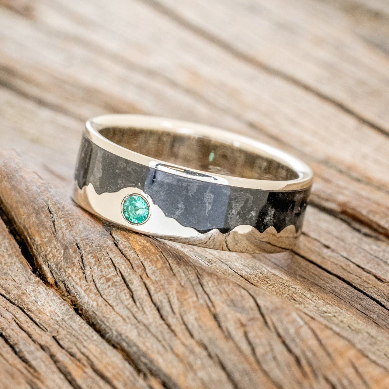 "HELIOS" - JET STONE & GOLD MOUNTAIN RANGE WEDDING RING FEATURING AN EMERALD ACCENT-1