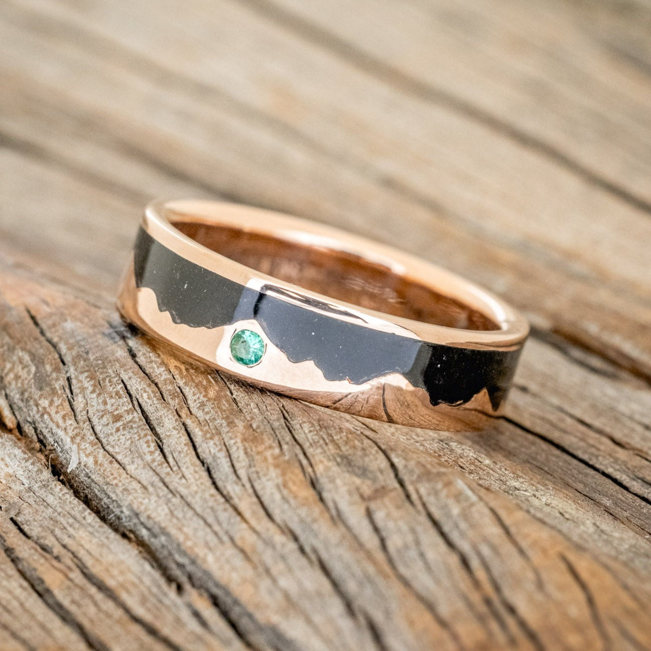"HELIOS" - JET STONE & GOLD MOUNTAIN RANGE WEDDING RING FEATURING AN EMERALD ACCENT-1