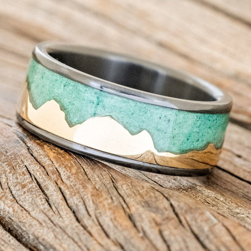 "Helios" - Malachite & 14K Gold Mountain Range Men's Wedding Band-Staghead Designs