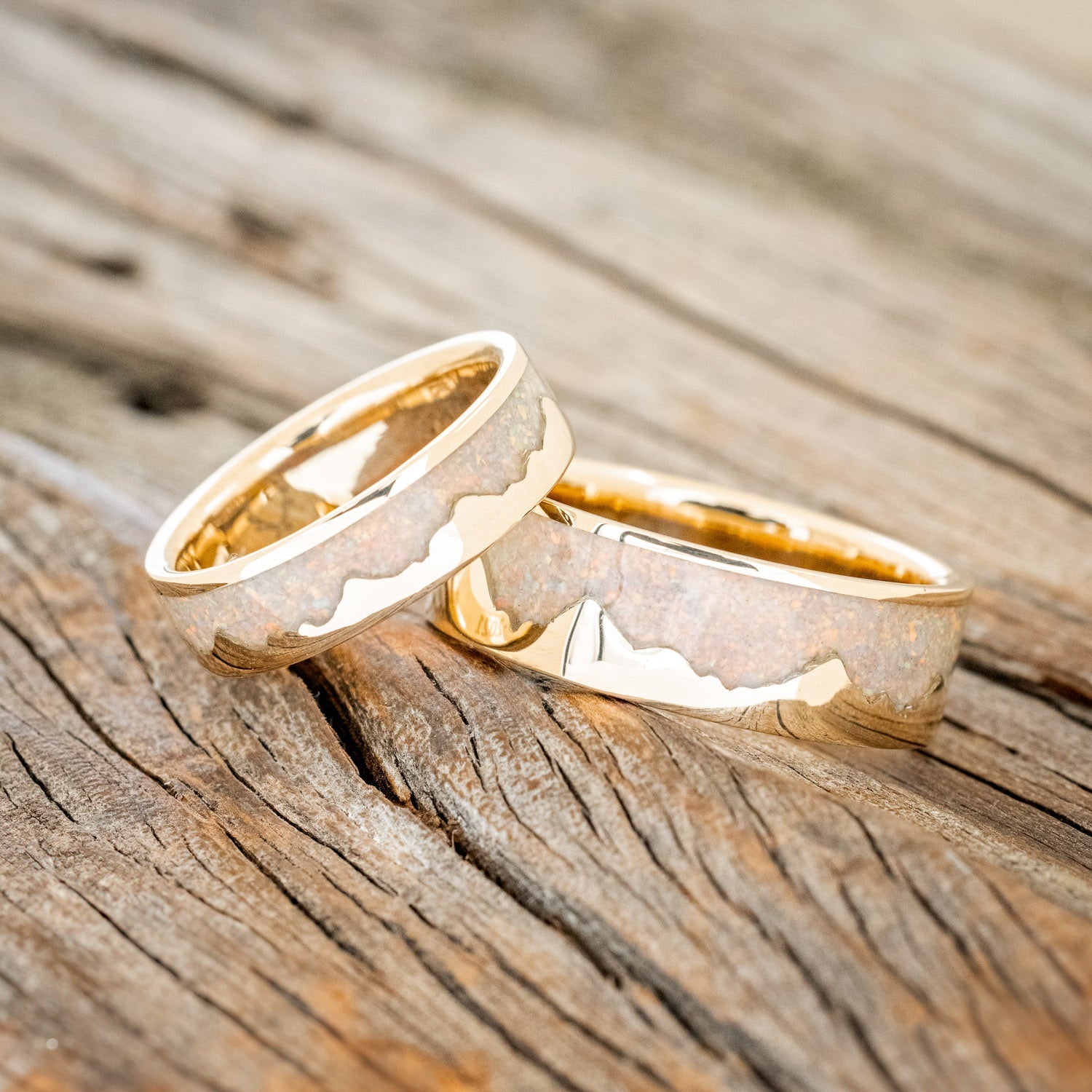 "HELIOS" - MATCHING SET OF FIRE & ICE OPAL INLAY MOUNTAIN RANGE WEDDING BANDS-Staghead Designs