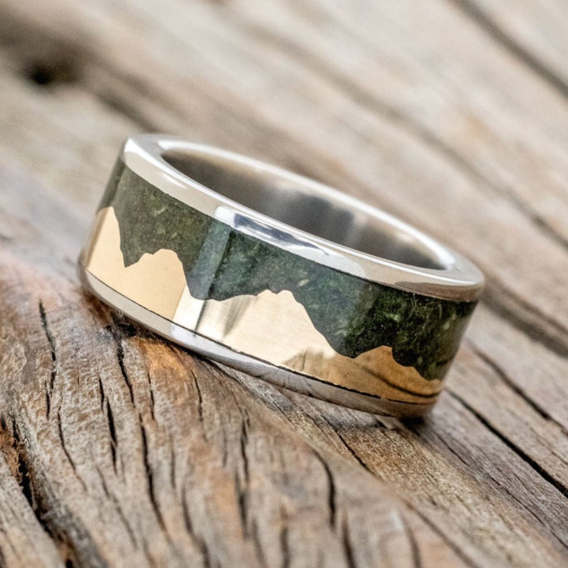 "HELIOS" - MOSS & 14K YELLOW GOLD MOUNTAIN RANGE WEDDING BAND-1