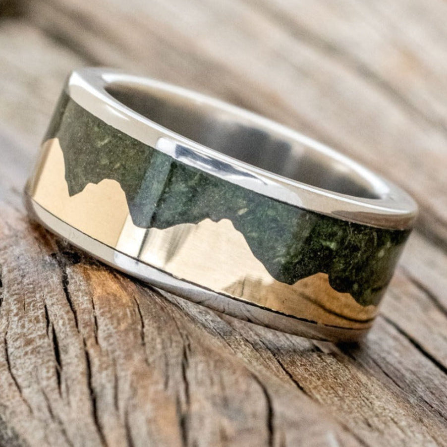 "Helios" - Moss & 14K Gold Mountain Range Men's Wedding Band-Staghead Designs
