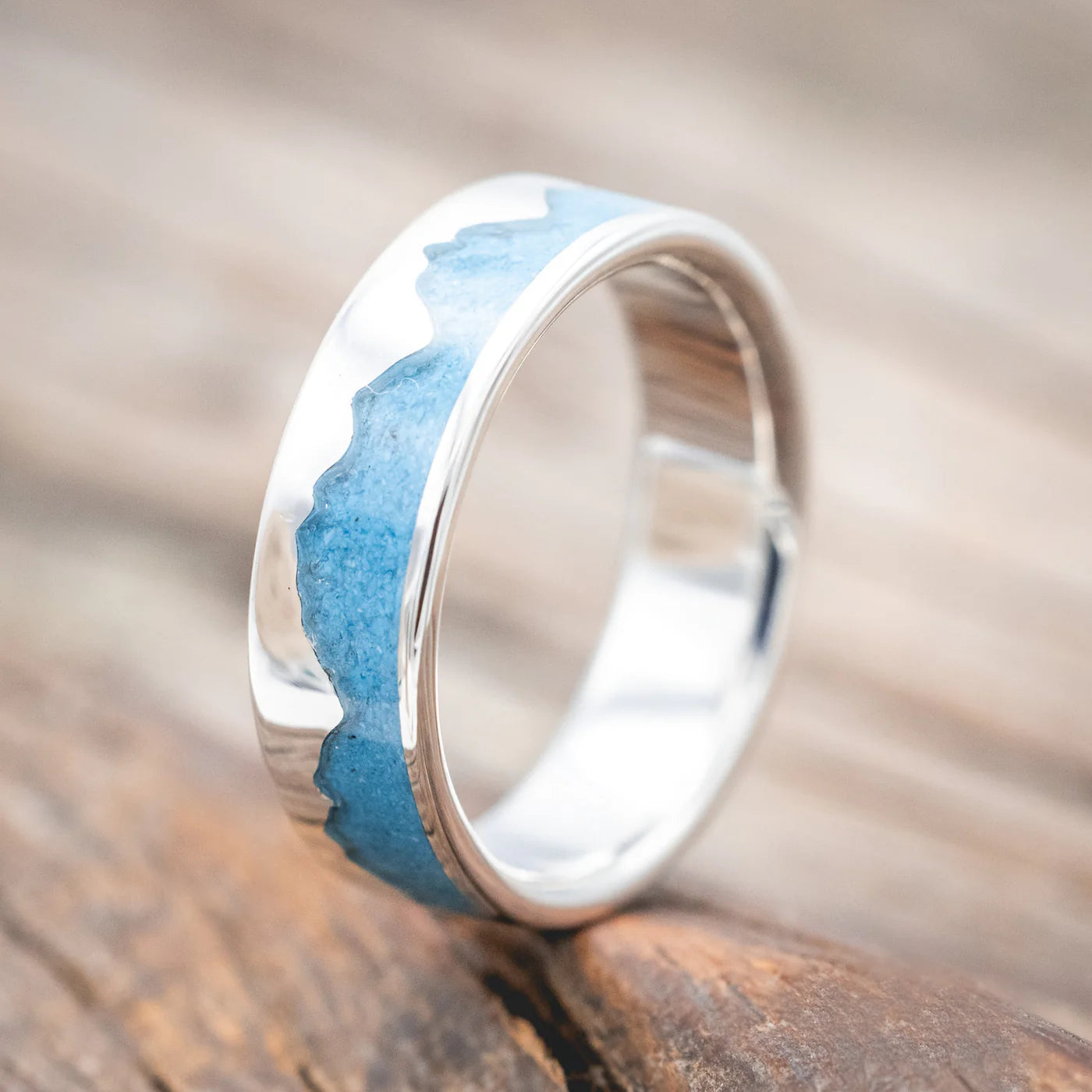 "Helios" - Mountain Range Wedding Band With Turquoise - Silver (6mm) - Size 8 1/2