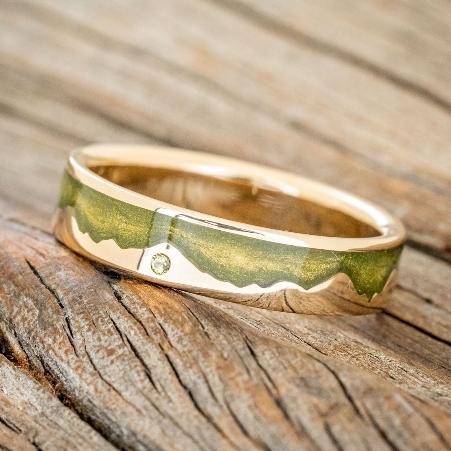 "HELIOS" - MYSTIC MOSS MOUNTAIN RANGE WEDDING RING FEATURING A PERIDOT ACCENT-1