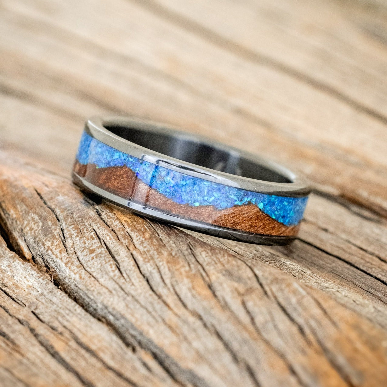"HELIOS" - REDWOOD & BLUE OPAL WEDDING BAND-1