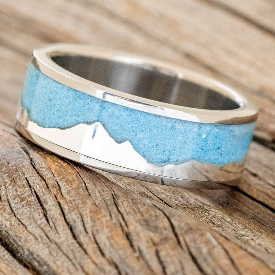 "Helios" - Mountain Range Men's Wedding Band With Turquoise-Staghead Designs