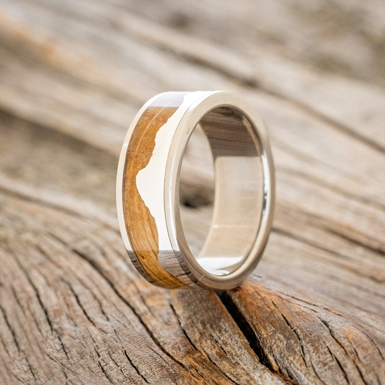 "HELIOS" - WHISKEY BARREL OAK & SILVER TETON MOUNTAIN RANGE WEDDING BAND-1