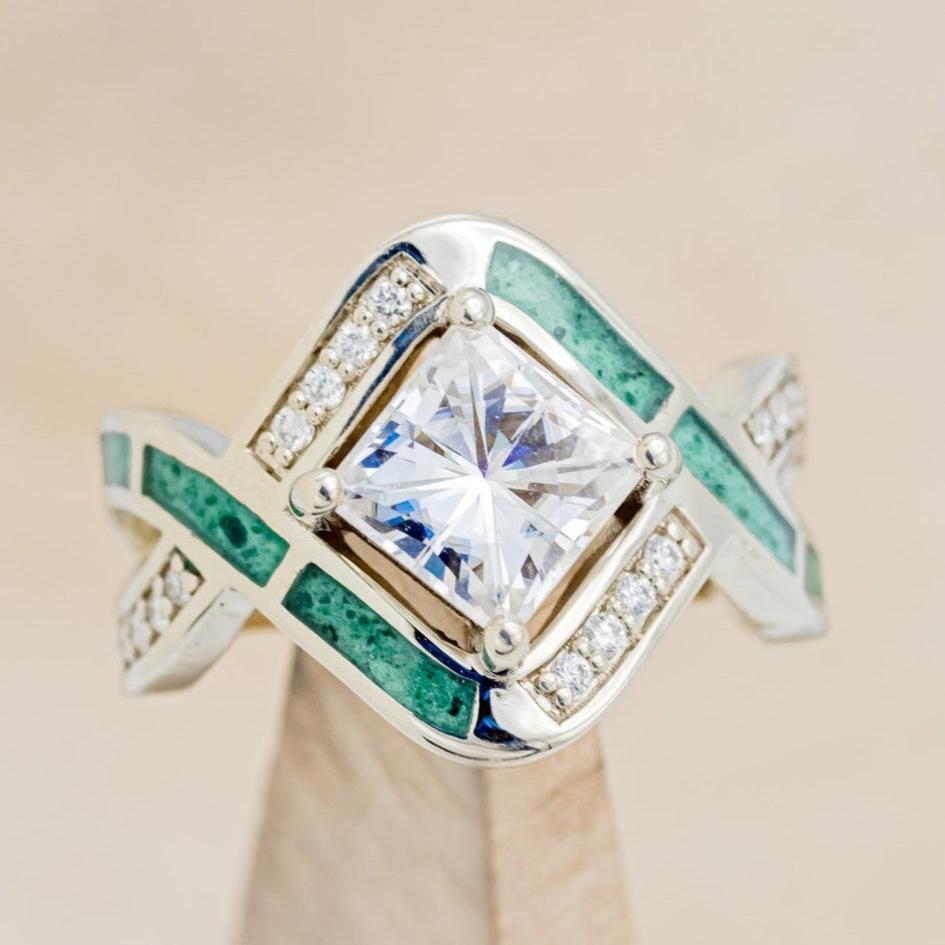 "HELIX" - PRINCESS CUT MOISSANITE ENGAGEMENT RING WITH DIAMOND ACCENTS & MALACHITE INLAYS-1