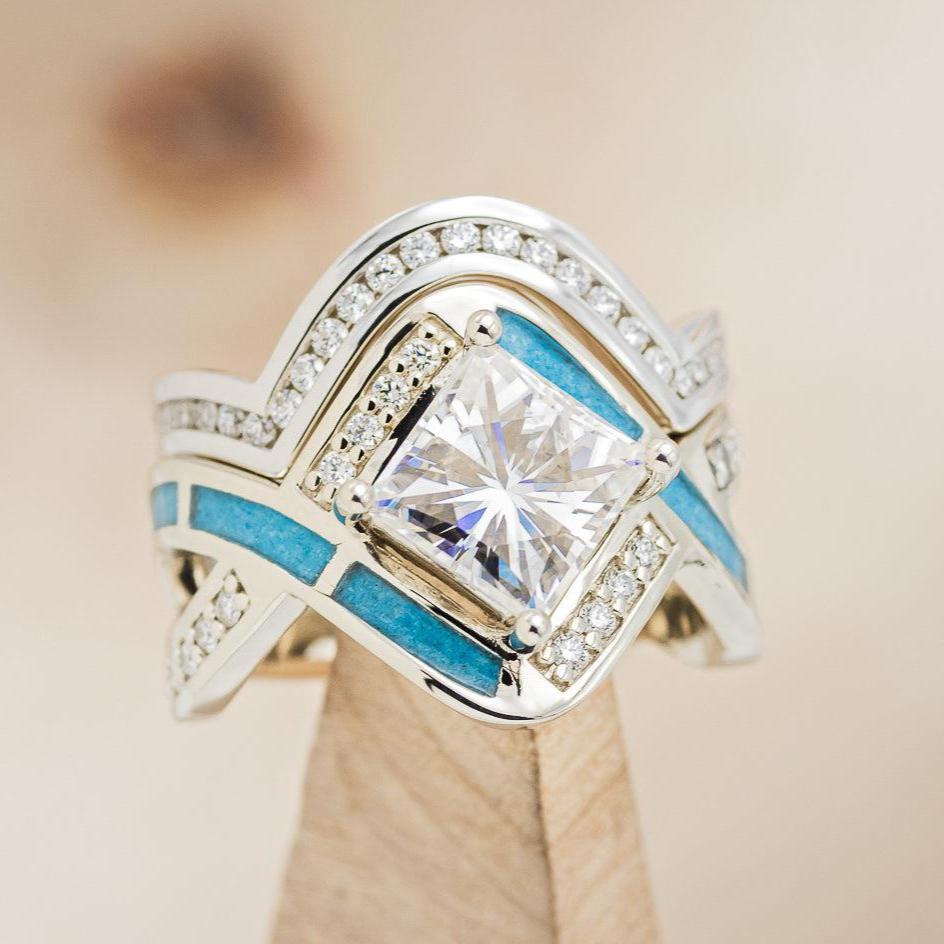"HELIX" - PRINCESS CUT MOISSANITE ENGAGEMENT RING WITH DIAMOND ACCENTS, TURQUOISE INLAYS & DIAMOND TRACER-1