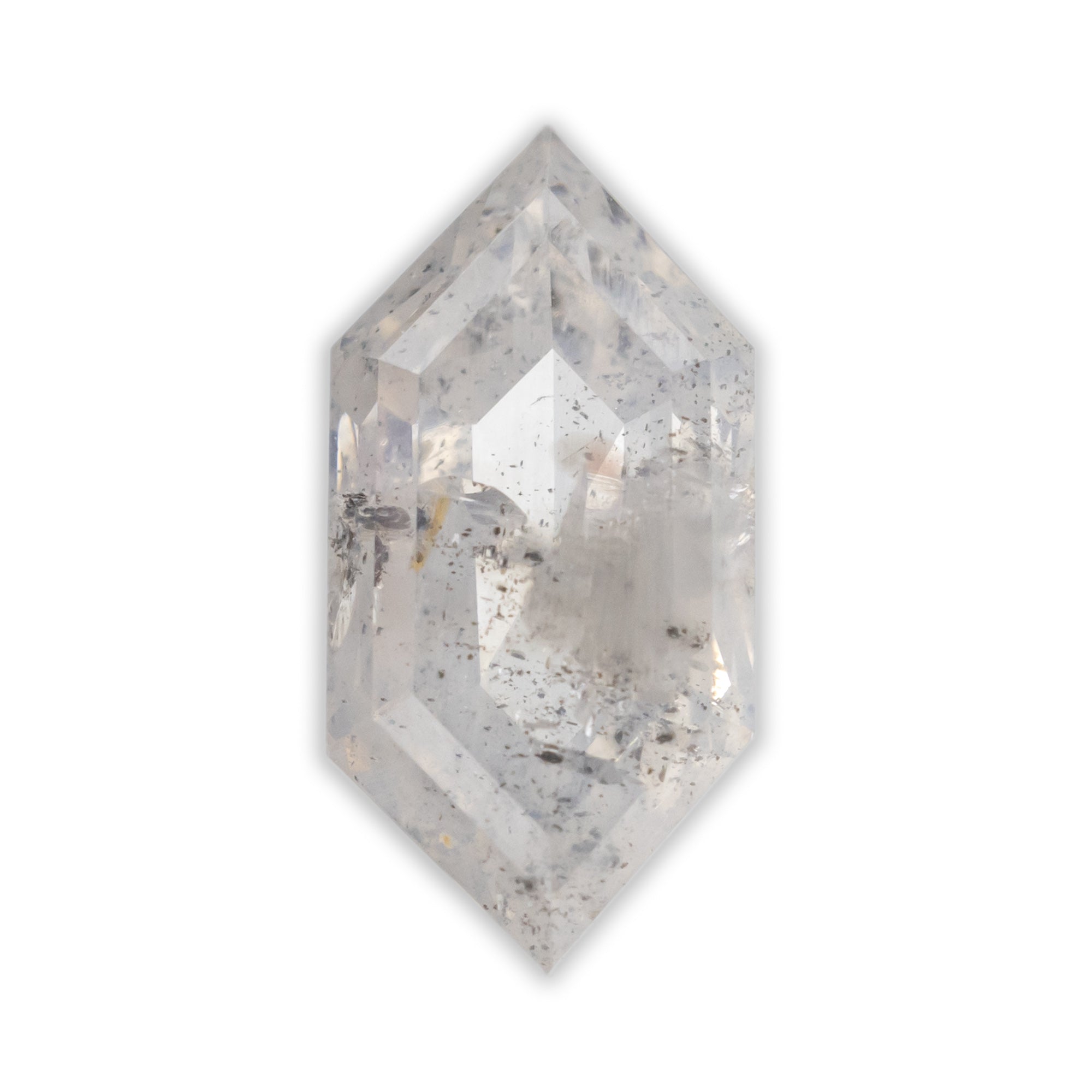 A faceted salt & pepper diamond with internal inclusions, shown on a plain white background.