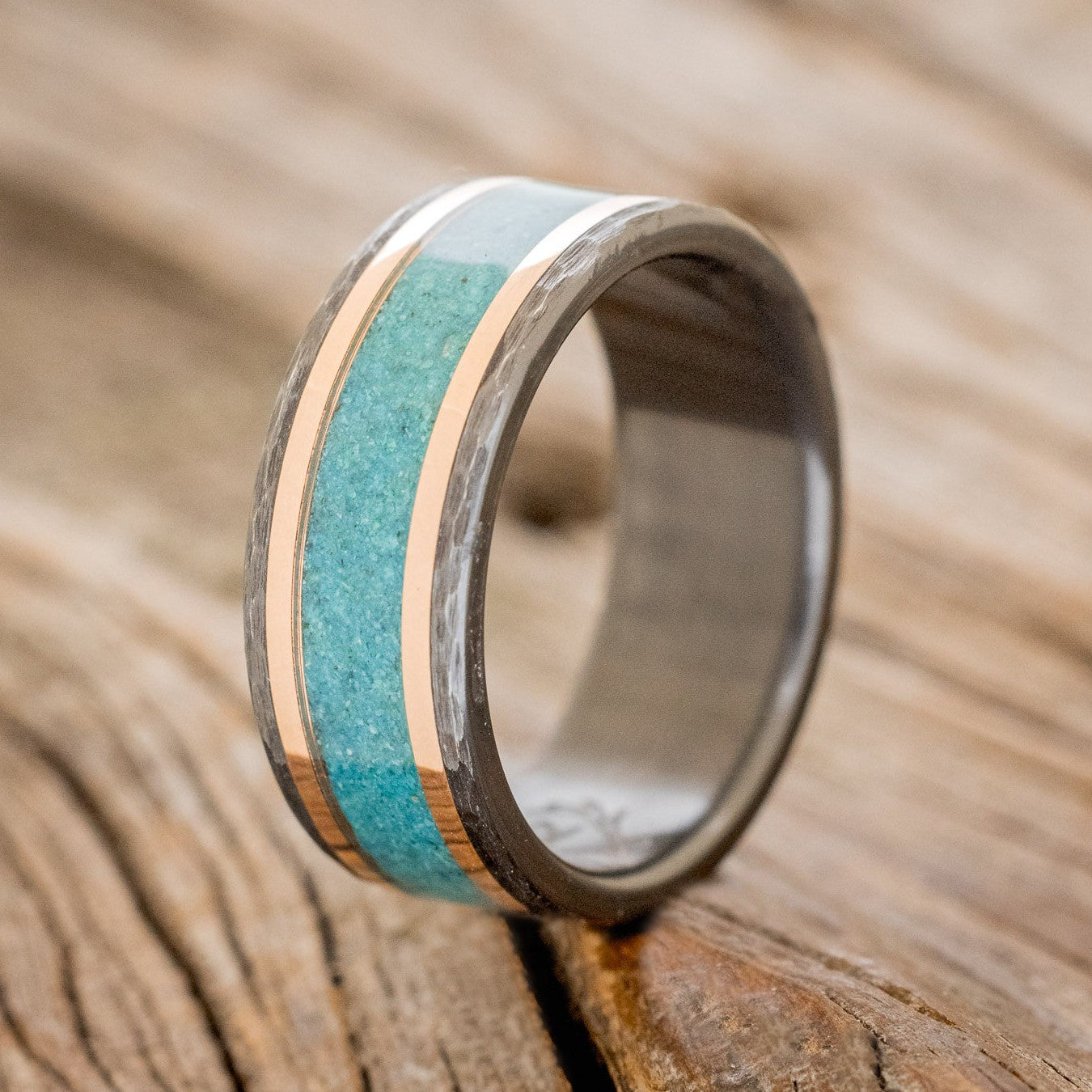 "HOLLIS" - CHRYSOCOLLA & 14K GOLD INLAYS WEDDING RING-1