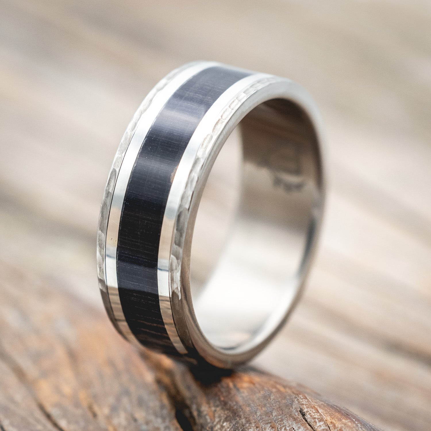 "HOLLIS" - DARK MAPLE WOOD & SILVER INLAYS WEDDING RING FEATURING A HAMMERED FINISH-Staghead Designs