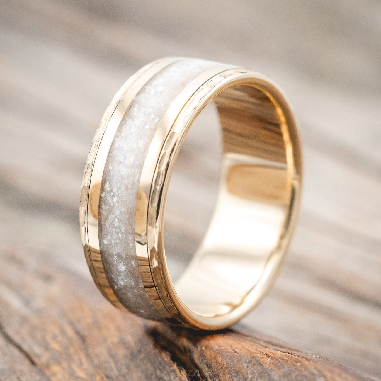 "HOLLIS" - DIAMOND DUST WEDDING RING WITH 14K GOLD INLAYS AND A HAMMERED FINISH-Staghead Designs