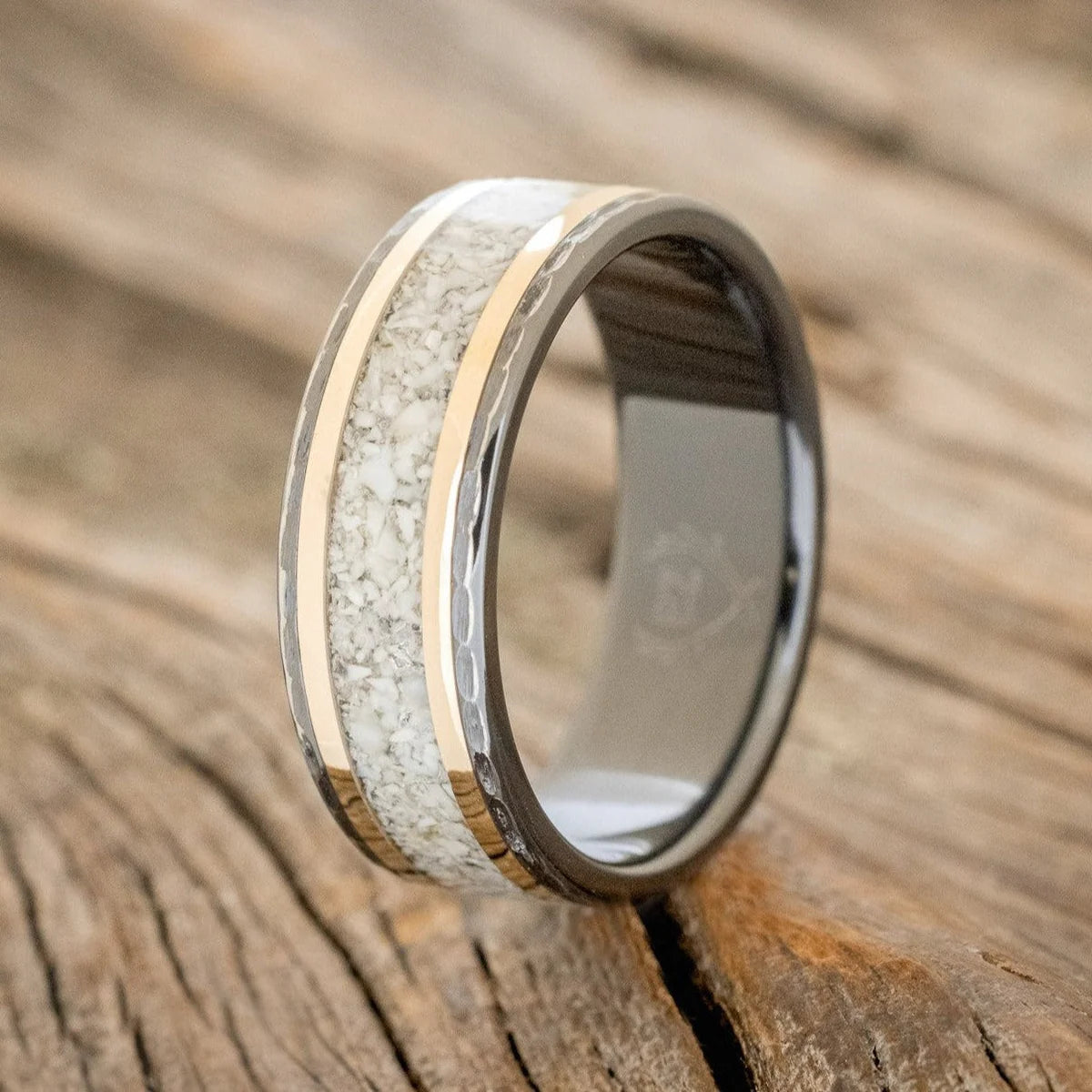 "HOLLIS" - ELK TOOTH IVORY & 14K GOLD INLAYS WEDDING RING FEATURING A HAMMERED BAND - BLACK ZIRCONIUM - SIZE 11 3/4-Staghead Designs