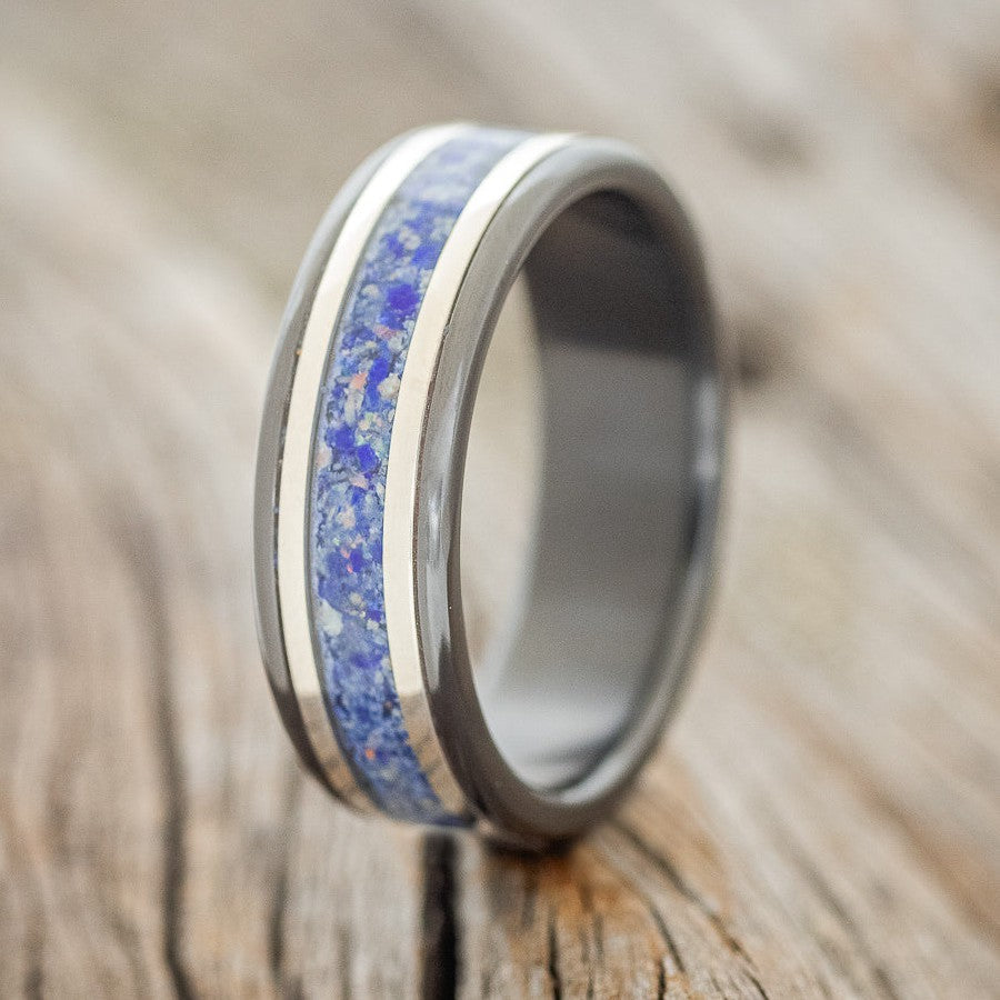 "HOLLIS" - LAPIS LAZULI & OPAL MIXTURE WITH 14K GOLD INLAYS WEDDING RING-1