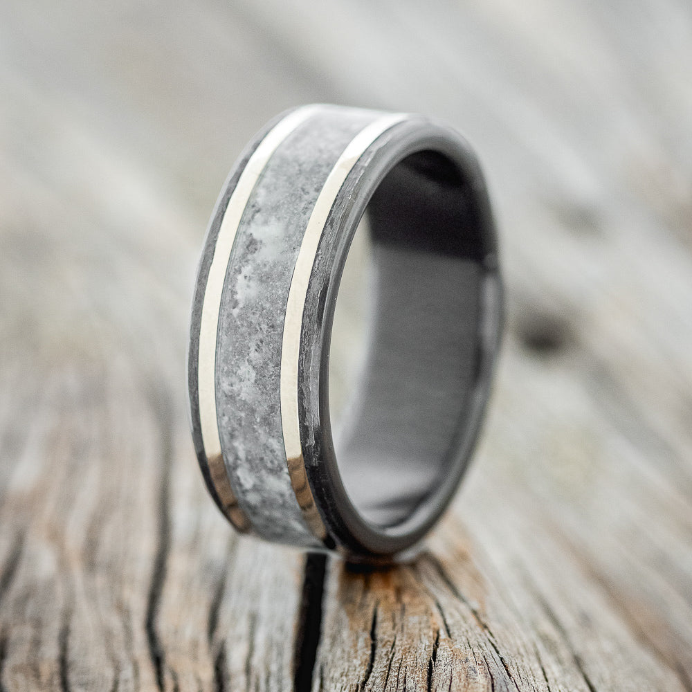 "HOLLIS" - MOONSTONE & 14K ROSE GOLD INLAY WEDDING RING - BLACK ZIRCONIUM - SIZE 8 1/4-1