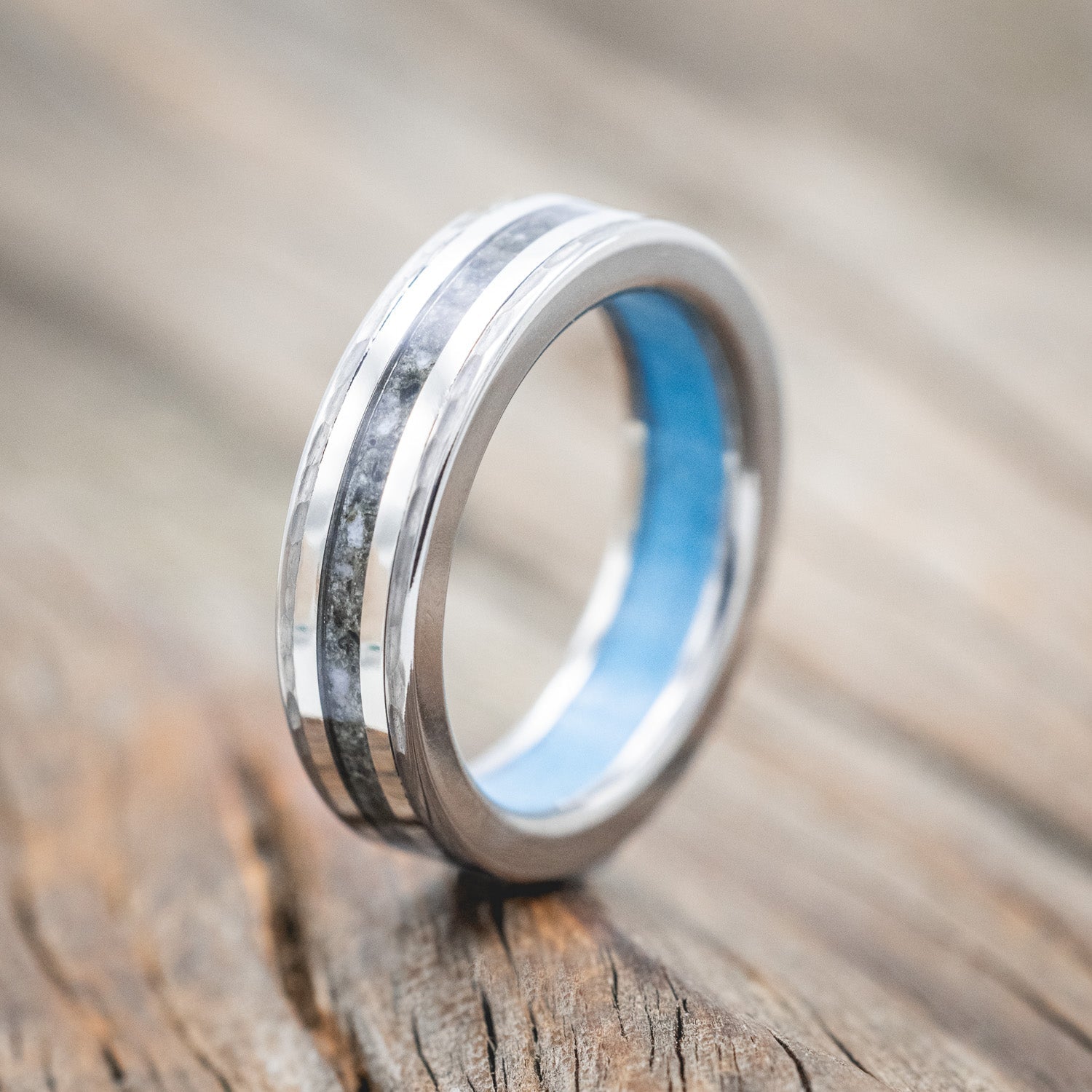 "HOLLIS" - MOONSTONE & 14K WHITE GOLD INLAYS WEDDING RING WITH TURQUOISE LINING FEATURING A HAMMERED BAND-Staghead Designs