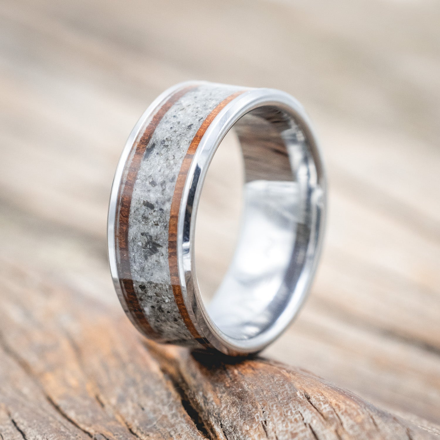 "HOLLIS" - MOONSTONE & KOA WOOD WEDDING BAND-Staghead Designs