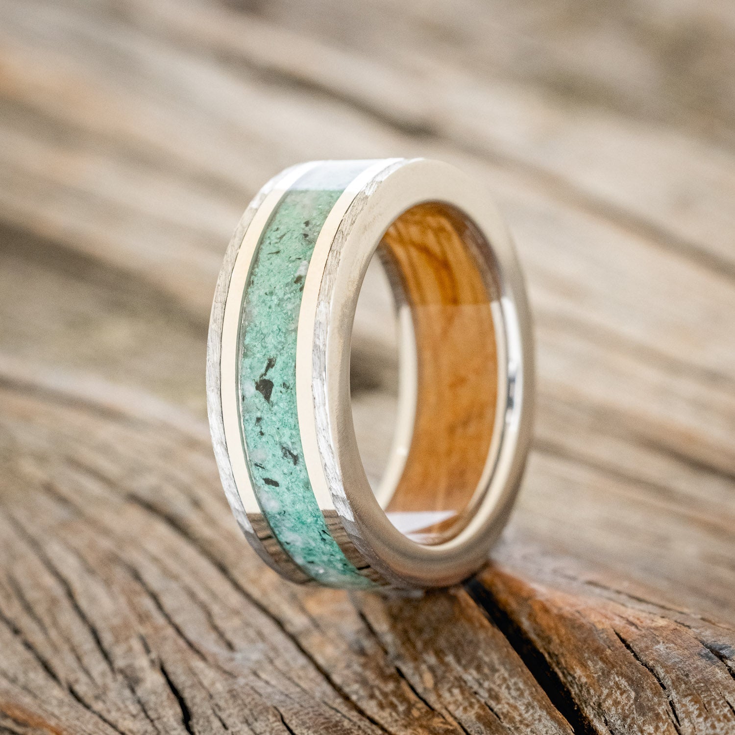 "HOLLIS" - MOONSTONE & MALACHITE MIX, 14K WHITE GOLD INLAYS WEDDING RING WITH WHISKEY BARREL LINING IN A HAMMERED FINISH-1
