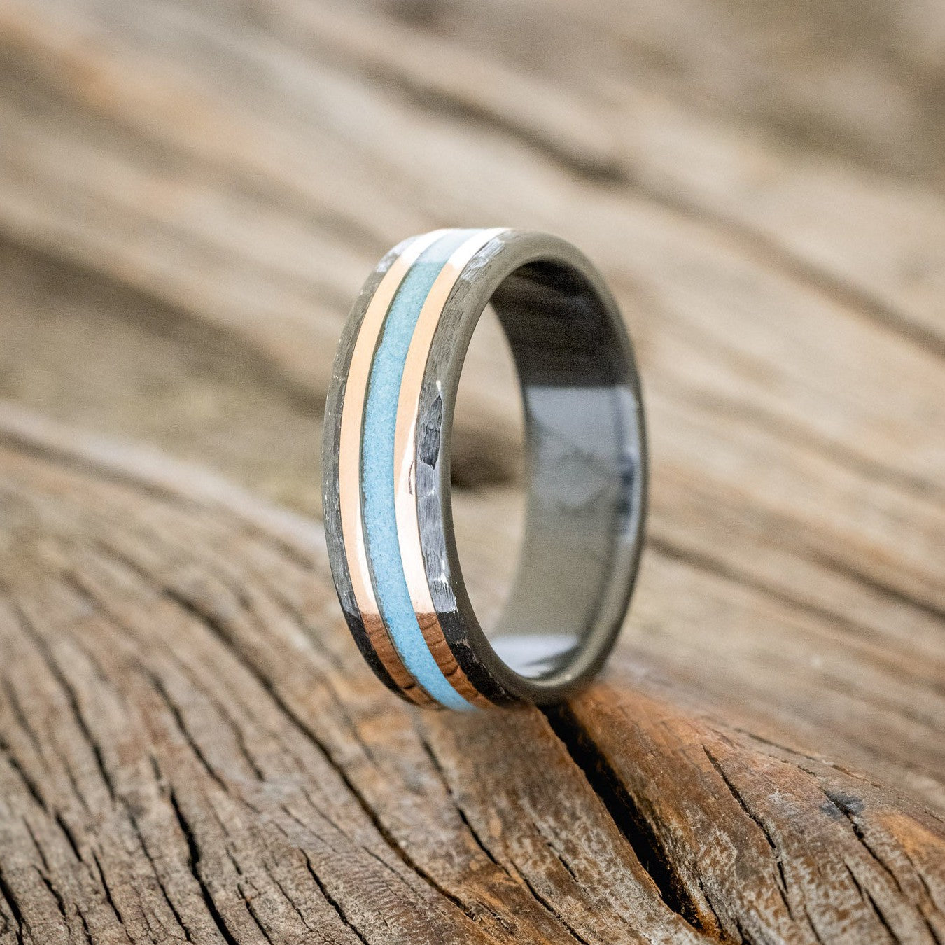 "Hollis" - Turquoise & 14K Yellow Gold Inlay Wedding Ring With Hammered Finish - Black Zirconium (6mm) - Size 9 1/2-Staghead Designs
