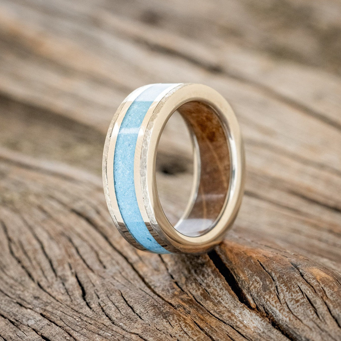 "HOLLIS" - TURQUOISE & 14K WHITE GOLD INLAYS WEDDING RING WITH WHISKEY BARREL LINING FEATURING A HAMMERED BAND-1