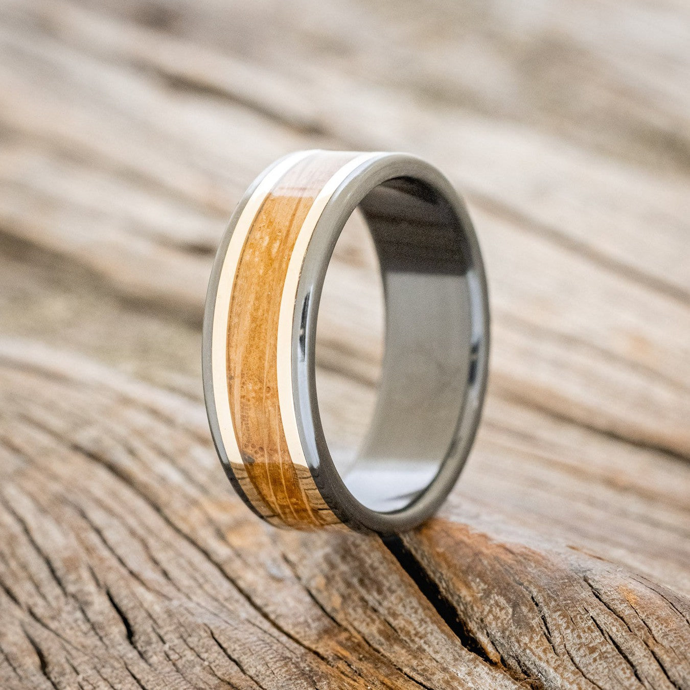 "HOLLIS" - WHISKEY BARREL & 14K GOLD INLAYS WEDDING RING-1
