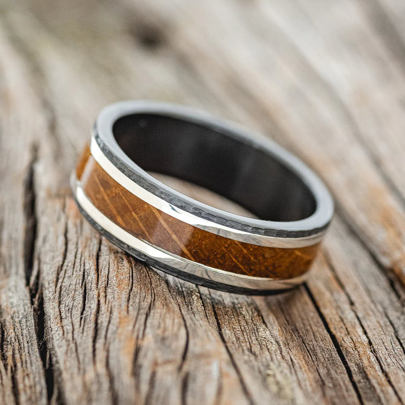 "HOLLIS" - WHISKEY BARREL & SILVER INLAYS WEDDING RING WITH HAMMERED BAND - BLACK ZIRCONIUM - SIZE 12-3