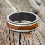 "HOLLIS" - WHISKEY BARREL & SILVER INLAYS WEDDING RING WITH HAMMERED BAND - BLACK ZIRCONIUM - SIZE 12-2