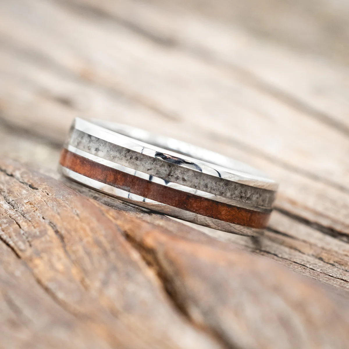 "DYAD" - REDWOOD AND GRANITE WEDDING BAND - DAMASCUS STEEL (6MM) - SIZE 8 1/4-Staghead Designs