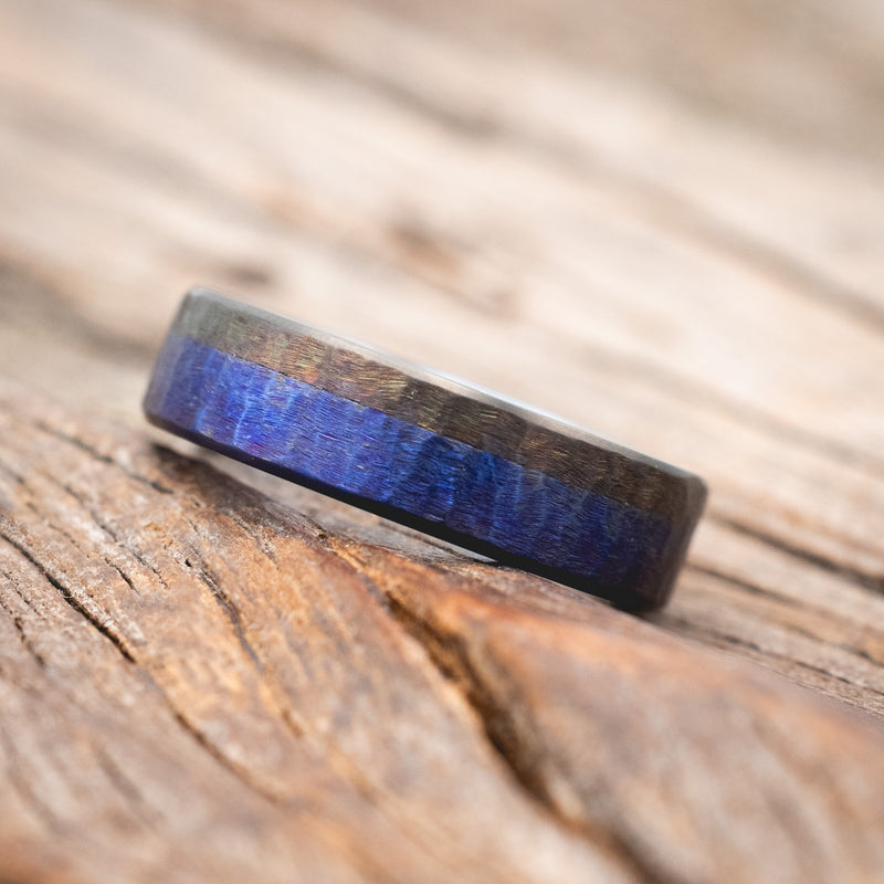 FIRE-TREATED TITANIUM WEDDING RING WITH BLACK ZIRCONIUM OVERLAY & HAMMERED FINISH