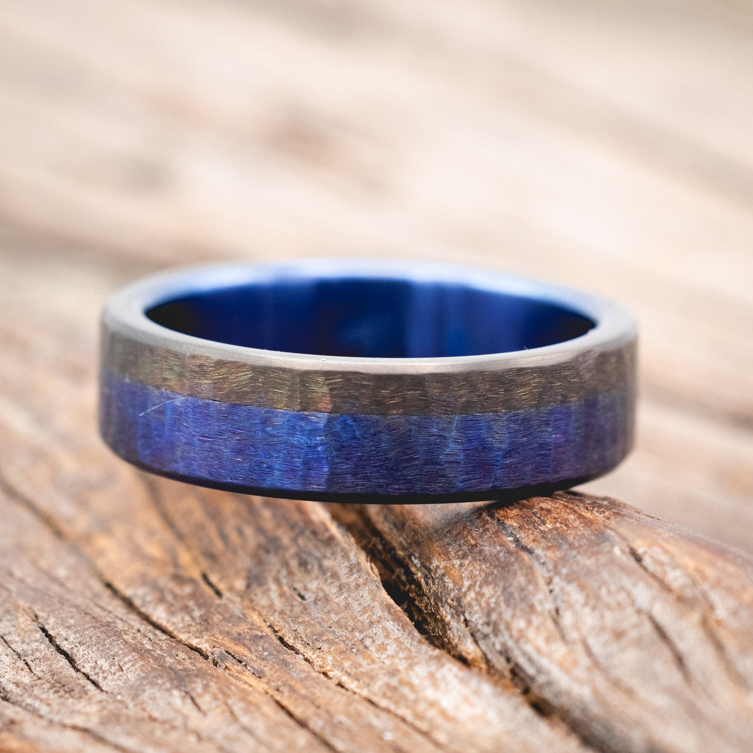 FIRE-TREATED TITANIUM WEDDING RING WITH BLACK ZIRCONIUM OVERLAY & HAMMERED FINISH-Staghead Designs