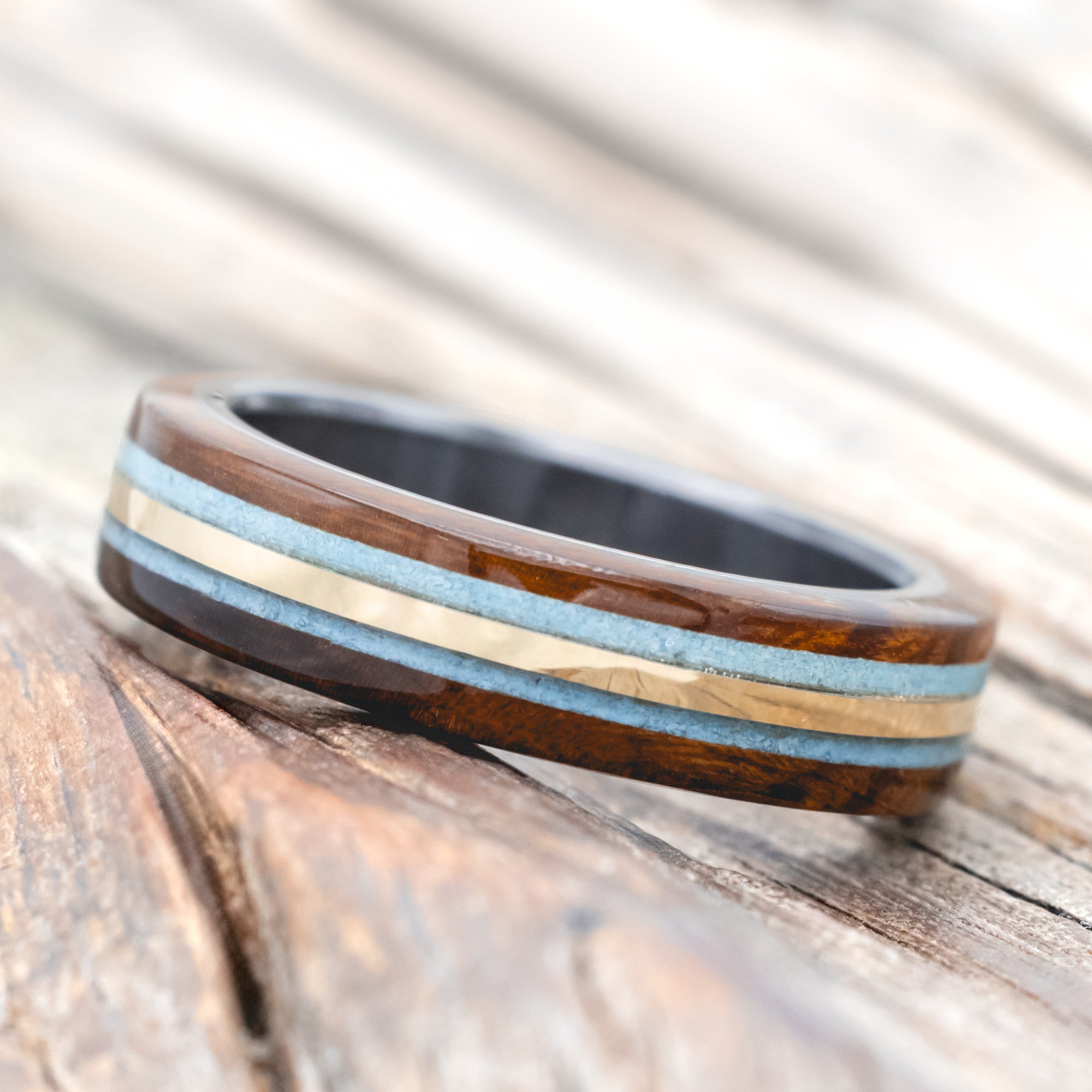 "CANYON" - IRONWOOD, TURQUOISE & 14K GOLD INLAY WEDDING BAND-Staghead Designs
