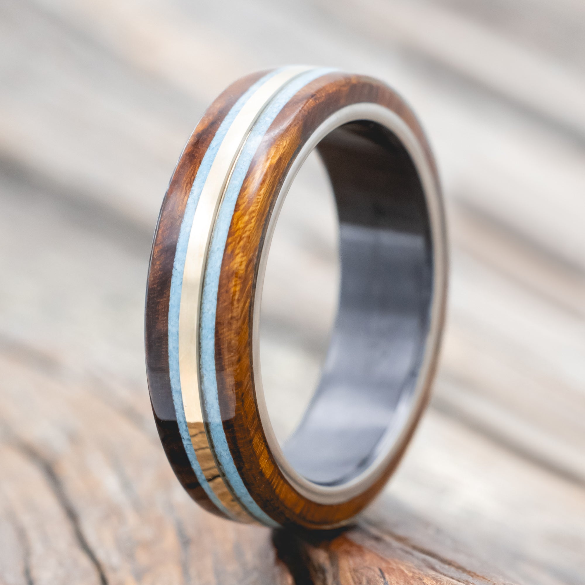 "CANYON" - IRONWOOD, TURQUOISE & 14K GOLD INLAY WEDDING BAND-Staghead Designs