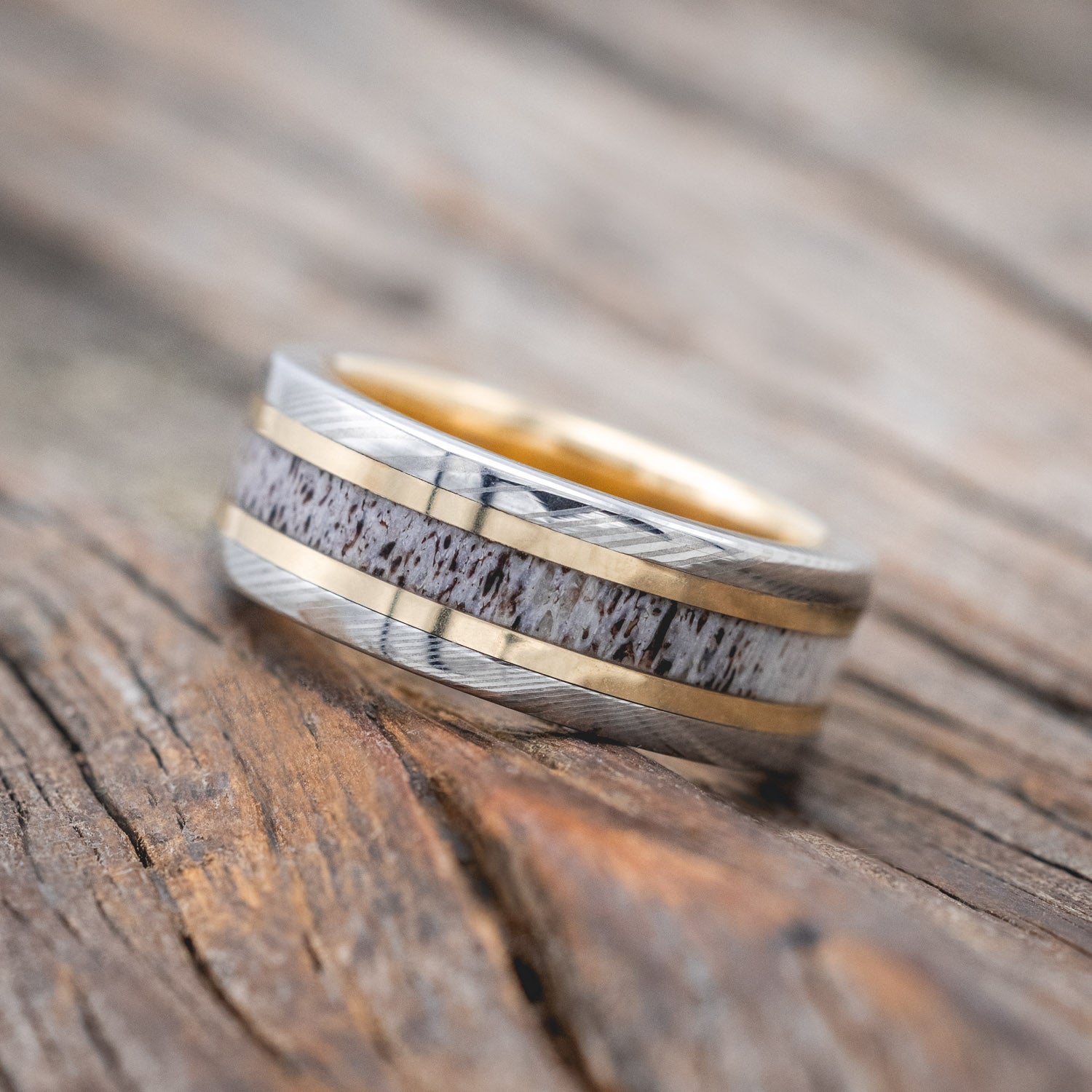 "KALDER" - ANTLER & 14K GOLD INLAYS WEDDING RING FEATURING A 14K GOLD LINED DAMASCUS STEEL BAND-Staghead Designs