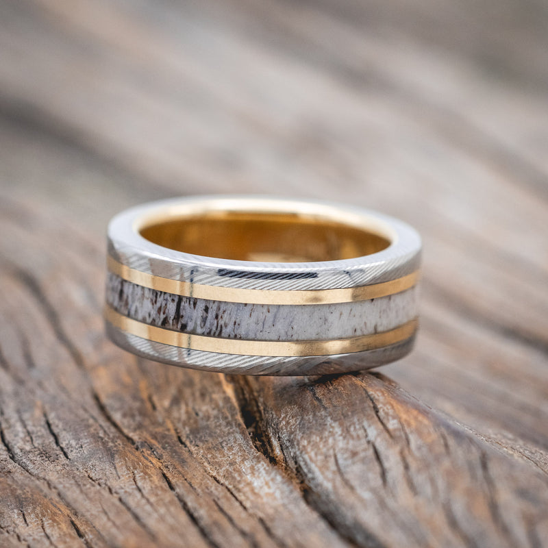 "KALDER" - ANTLER & 14K GOLD INLAYS WEDDING RING FEATURING A 14K GOLD LINED DAMASCUS STEEL BAND-Staghead Designs