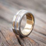 "KALDER" - ANTLER & 14K GOLD INLAYS WEDDING RING FEATURING A 14K GOLD LINED DAMASCUS STEEL BAND-Staghead Designs