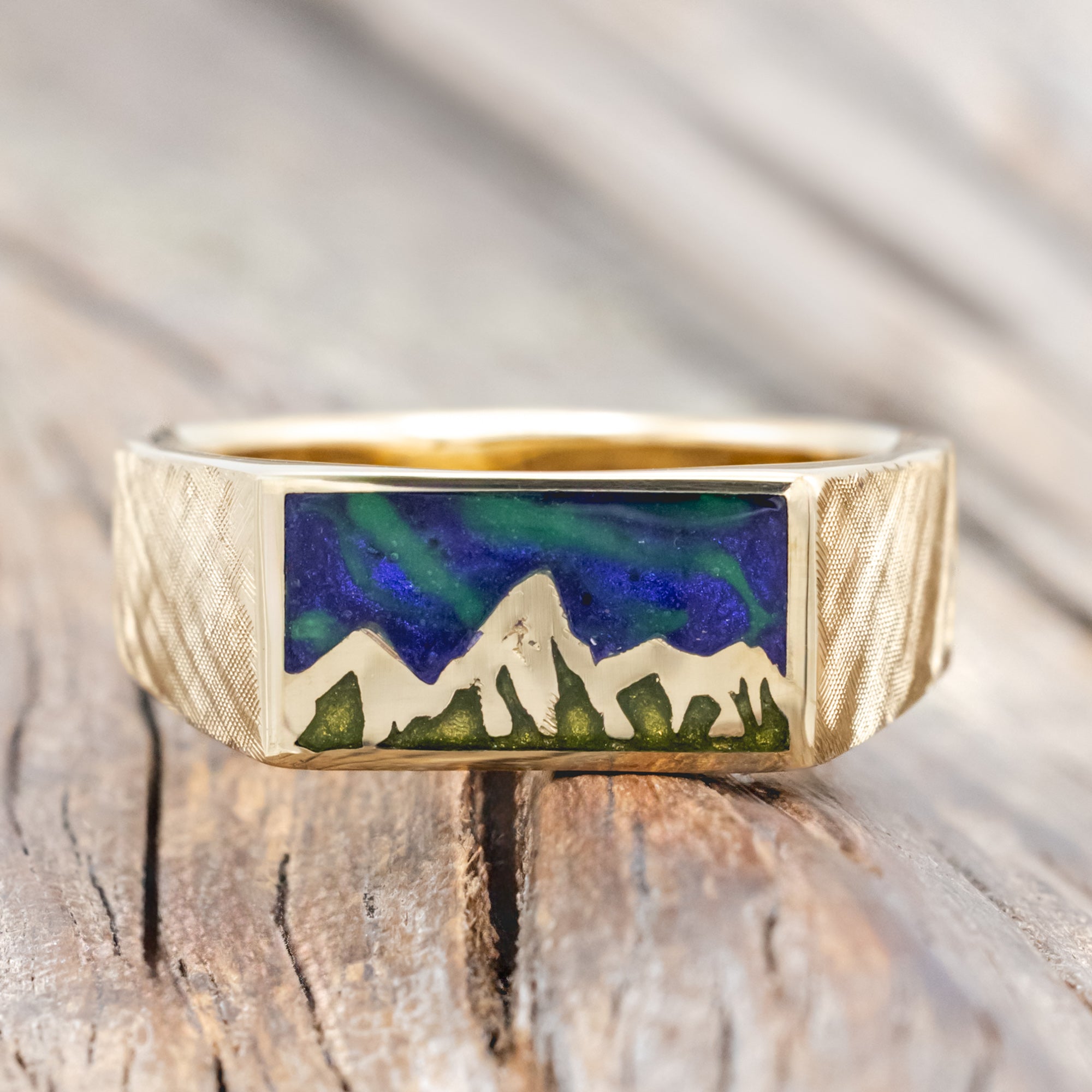 "ATLAS" - MOUNTAIN ENGRAVED WEDDING BAND WITH GLOW IN THE DARK NORTHERN LIGHTS, A MYSTIC MOSS INLAY, AND A FLORENTINE FINISH-Staghead Designs